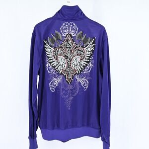 NWT Fame Purple Track Jacket XL Rhinestone Winged Fleur De Lis Y2K McBling Edgy